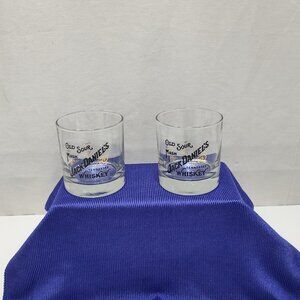 Jack Daniels Tennessee Whiskey Old Sour Mash Barware Glasses (2) 1990s Vintage